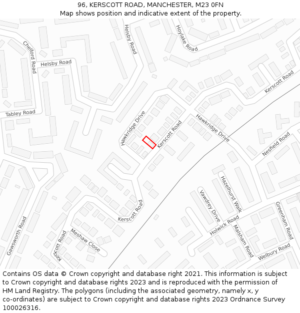 96, KERSCOTT ROAD, MANCHESTER, M23 0FN: Location map and indicative extent of plot