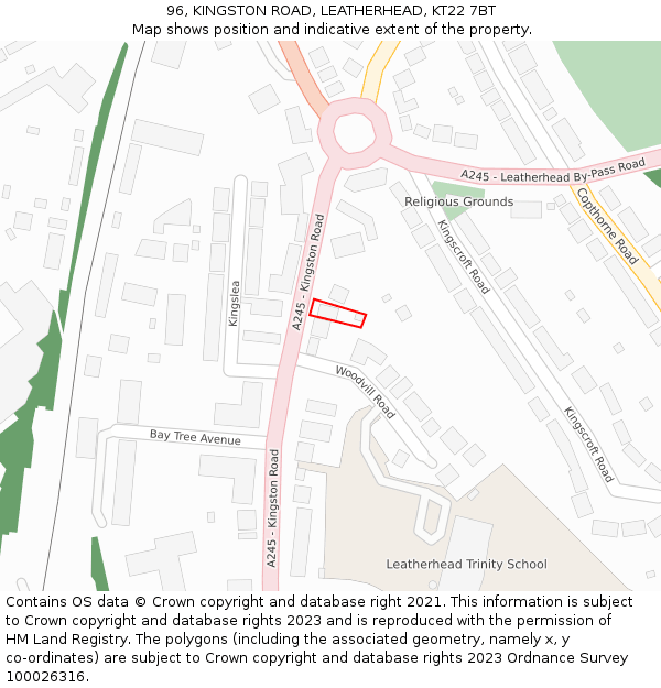 96, KINGSTON ROAD, LEATHERHEAD, KT22 7BT: Location map and indicative extent of plot