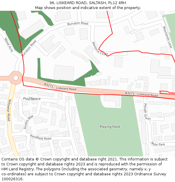 96, LISKEARD ROAD, SALTASH, PL12 4RH: Location map and indicative extent of plot