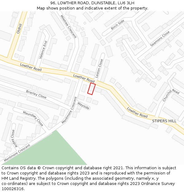 96, LOWTHER ROAD, DUNSTABLE, LU6 3LH: Location map and indicative extent of plot