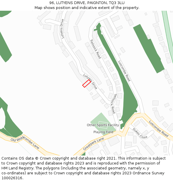 96, LUTYENS DRIVE, PAIGNTON, TQ3 3LU: Location map and indicative extent of plot