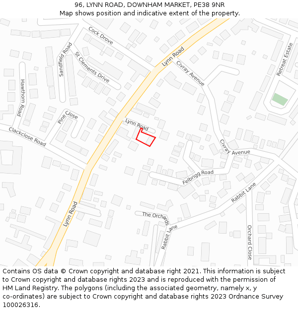 96, LYNN ROAD, DOWNHAM MARKET, PE38 9NR: Location map and indicative extent of plot