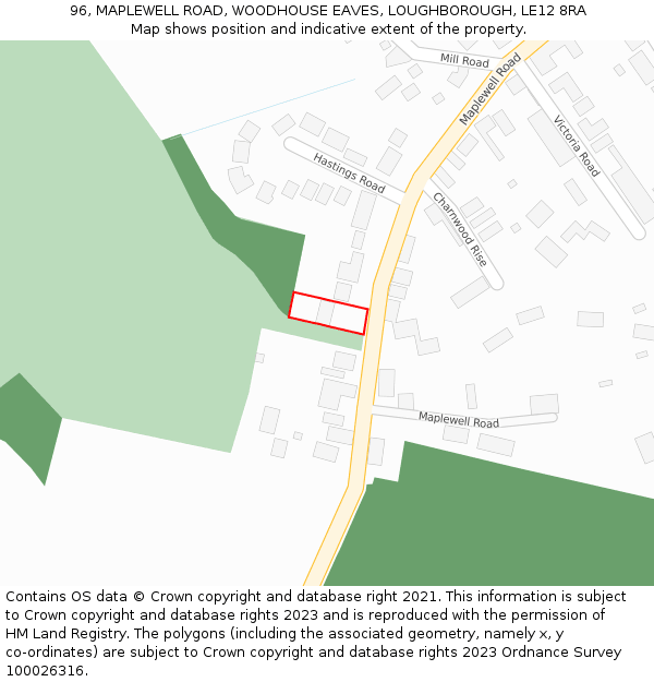 96, MAPLEWELL ROAD, WOODHOUSE EAVES, LOUGHBOROUGH, LE12 8RA: Location map and indicative extent of plot