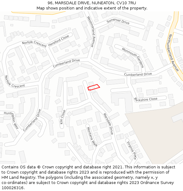 96, MARSDALE DRIVE, NUNEATON, CV10 7RU: Location map and indicative extent of plot