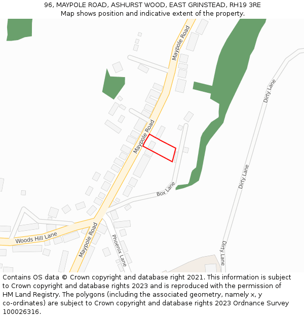 96, MAYPOLE ROAD, ASHURST WOOD, EAST GRINSTEAD, RH19 3RE: Location map and indicative extent of plot