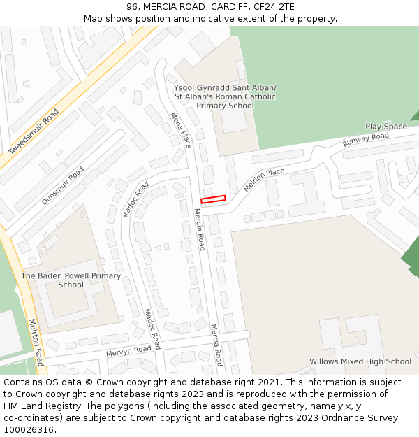 96, MERCIA ROAD, CARDIFF, CF24 2TE: Location map and indicative extent of plot