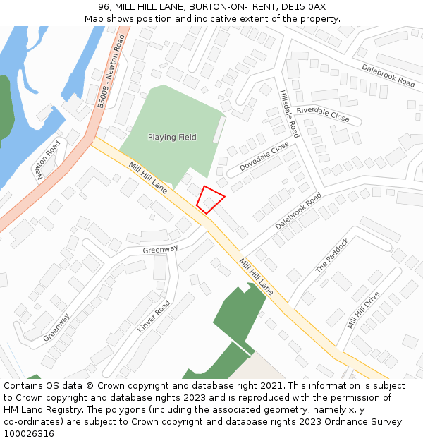 96, MILL HILL LANE, BURTON-ON-TRENT, DE15 0AX: Location map and indicative extent of plot
