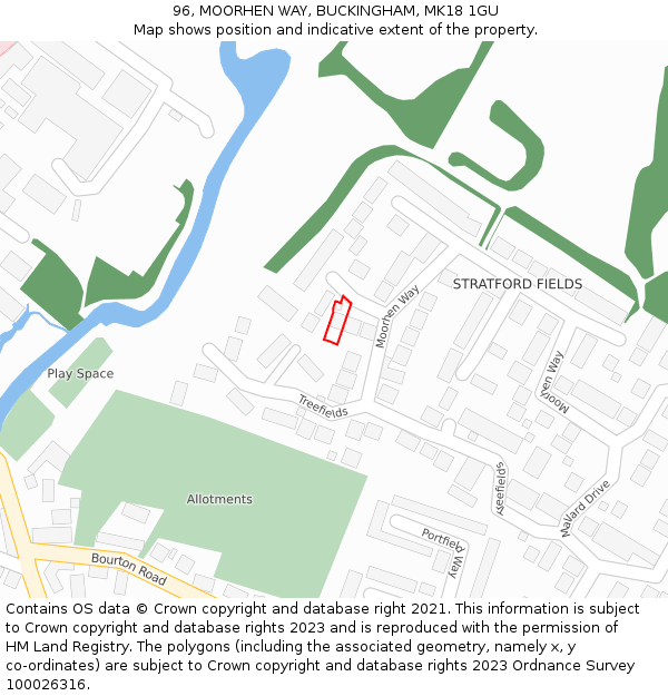 96, MOORHEN WAY, BUCKINGHAM, MK18 1GU: Location map and indicative extent of plot