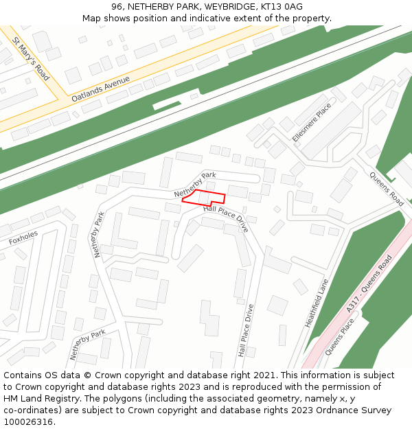 96, NETHERBY PARK, WEYBRIDGE, KT13 0AG: Location map and indicative extent of plot
