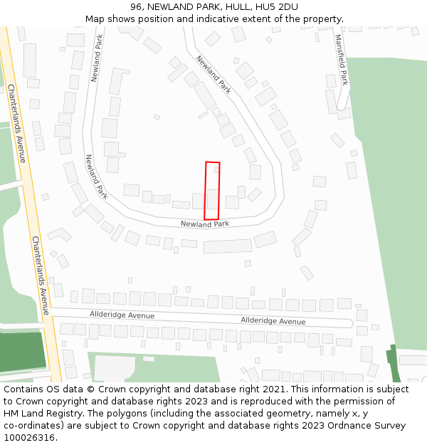 96, NEWLAND PARK, HULL, HU5 2DU: Location map and indicative extent of plot