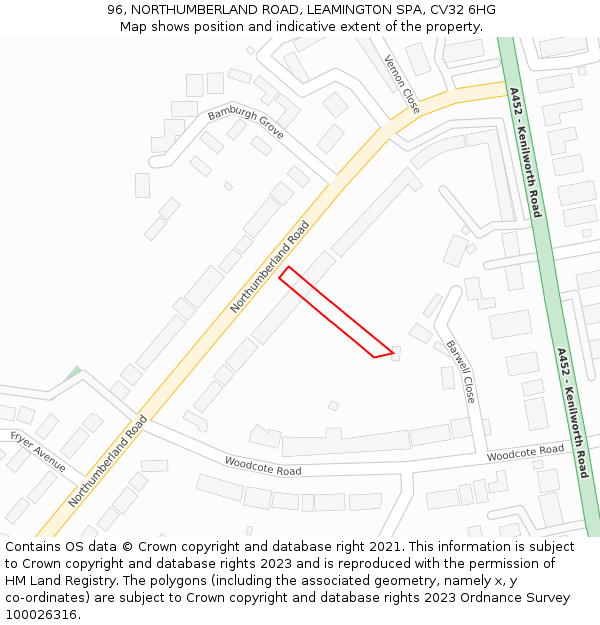 96, NORTHUMBERLAND ROAD, LEAMINGTON SPA, CV32 6HG: Location map and indicative extent of plot