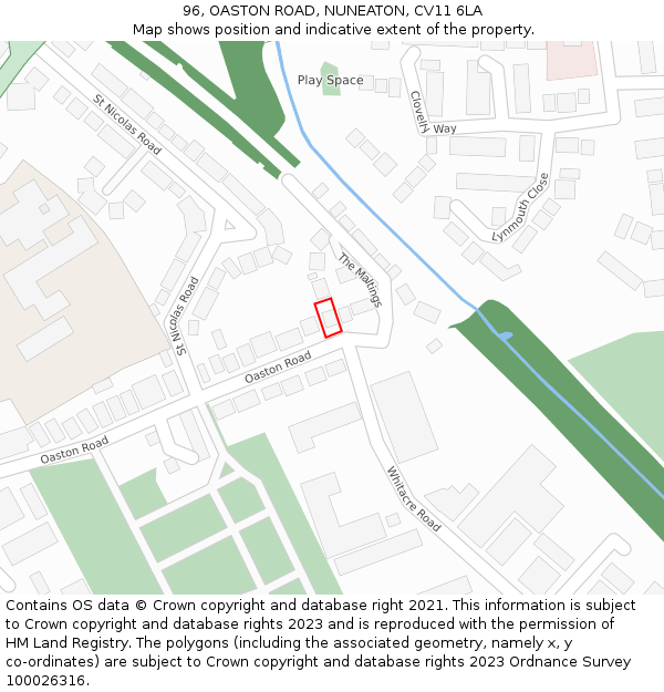 96, OASTON ROAD, NUNEATON, CV11 6LA: Location map and indicative extent of plot