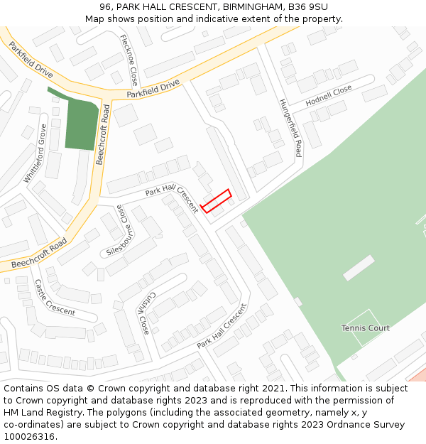 96, PARK HALL CRESCENT, BIRMINGHAM, B36 9SU: Location map and indicative extent of plot