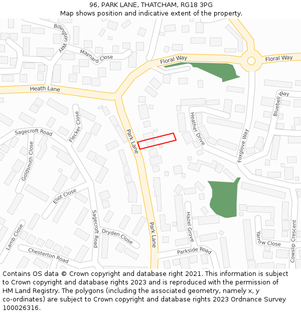 96, PARK LANE, THATCHAM, RG18 3PG: Location map and indicative extent of plot