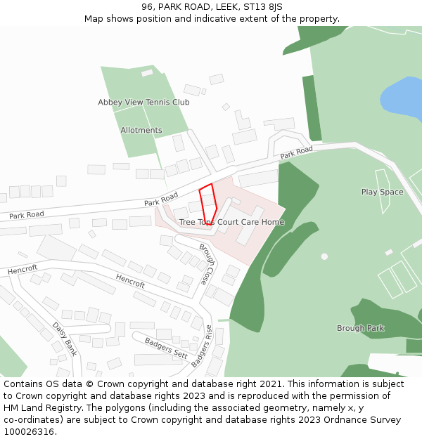 96, PARK ROAD, LEEK, ST13 8JS: Location map and indicative extent of plot