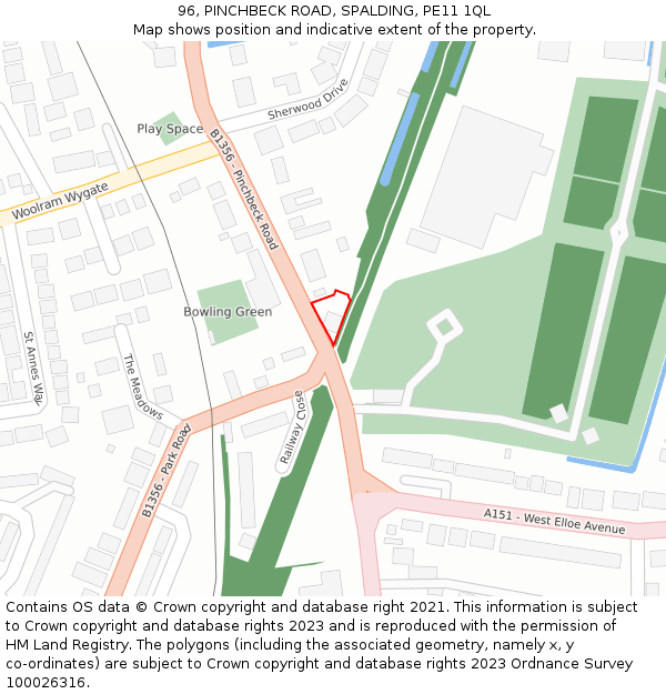 96, PINCHBECK ROAD, SPALDING, PE11 1QL: Location map and indicative extent of plot