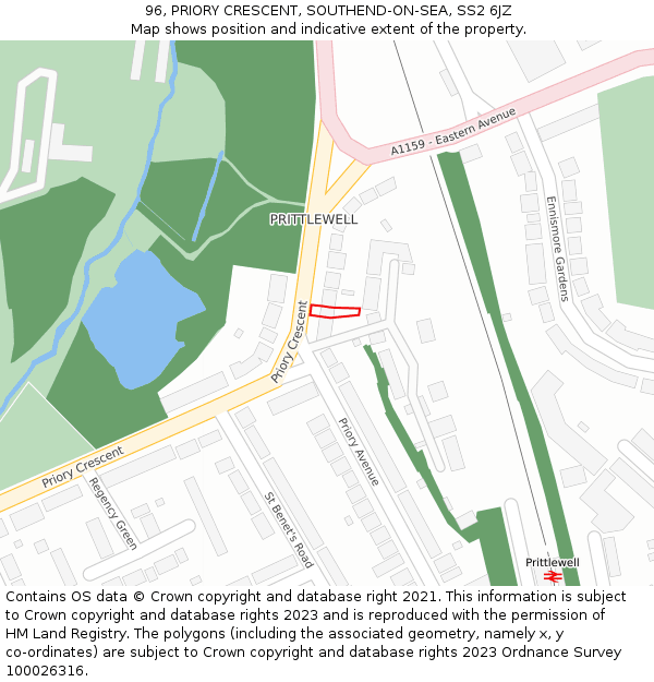 96, PRIORY CRESCENT, SOUTHEND-ON-SEA, SS2 6JZ: Location map and indicative extent of plot