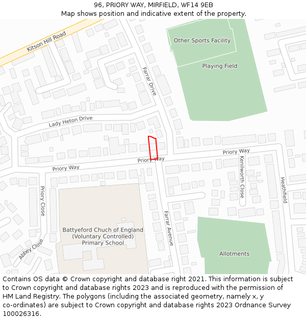 96, PRIORY WAY, MIRFIELD, WF14 9EB: Location map and indicative extent of plot