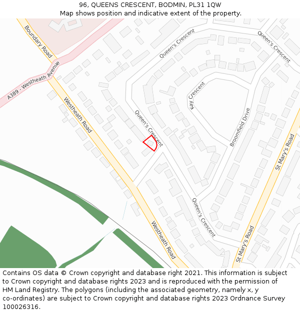 96, QUEENS CRESCENT, BODMIN, PL31 1QW: Location map and indicative extent of plot