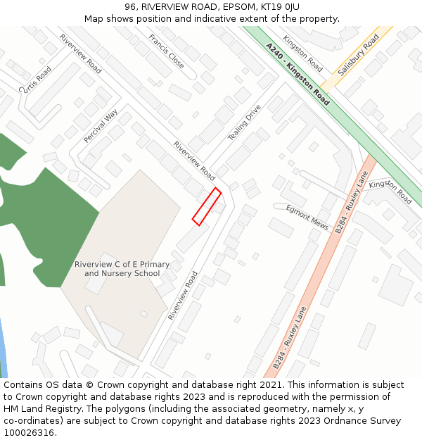 96, RIVERVIEW ROAD, EPSOM, KT19 0JU: Location map and indicative extent of plot