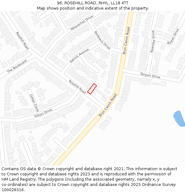 96, ROSEHILL ROAD, RHYL, LL18 4TT: Location map and indicative extent of plot