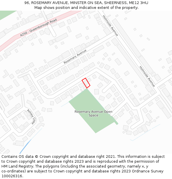 96, ROSEMARY AVENUE, MINSTER ON SEA, SHEERNESS, ME12 3HU: Location map and indicative extent of plot