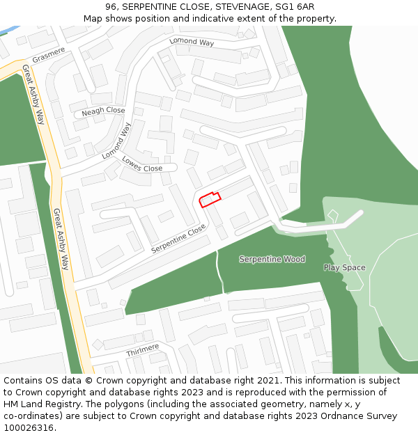96, SERPENTINE CLOSE, STEVENAGE, SG1 6AR: Location map and indicative extent of plot