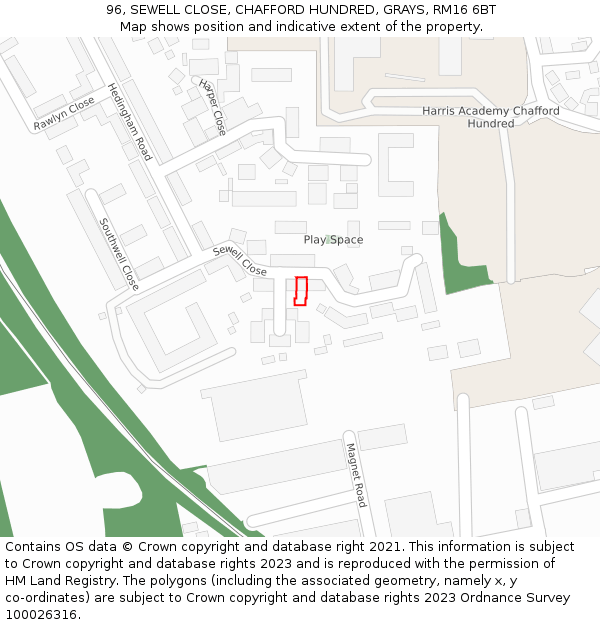 96, SEWELL CLOSE, CHAFFORD HUNDRED, GRAYS, RM16 6BT: Location map and indicative extent of plot