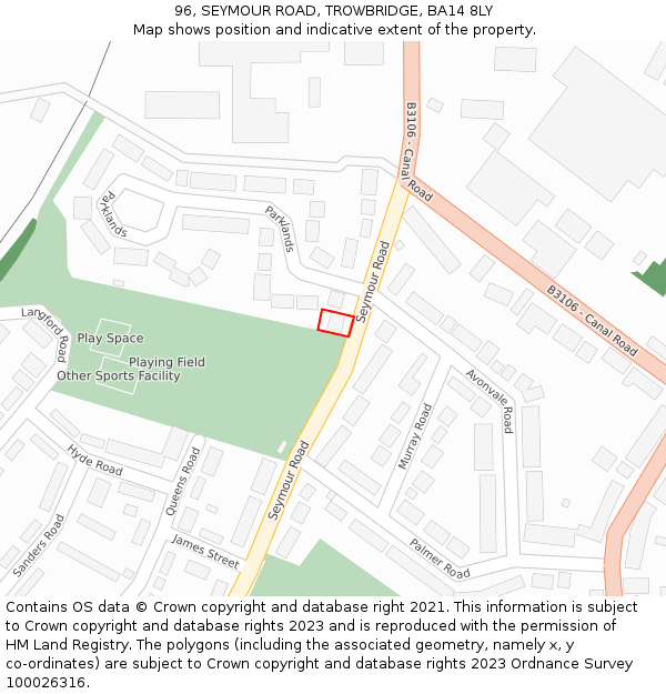 96, SEYMOUR ROAD, TROWBRIDGE, BA14 8LY: Location map and indicative extent of plot