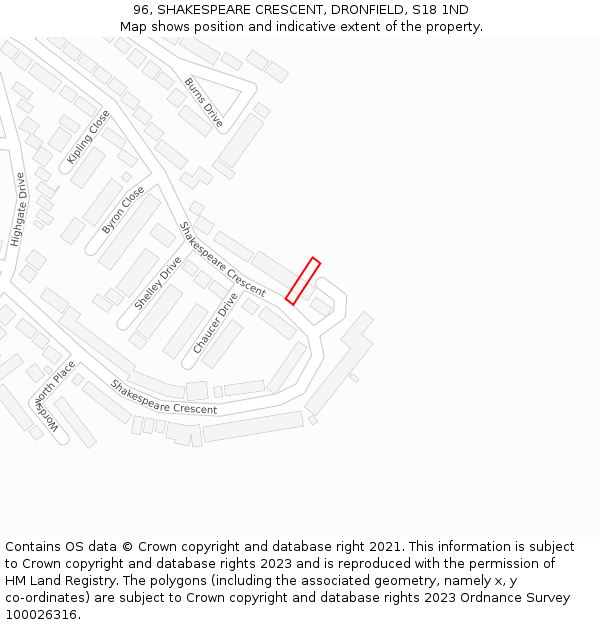 96, SHAKESPEARE CRESCENT, DRONFIELD, S18 1ND: Location map and indicative extent of plot