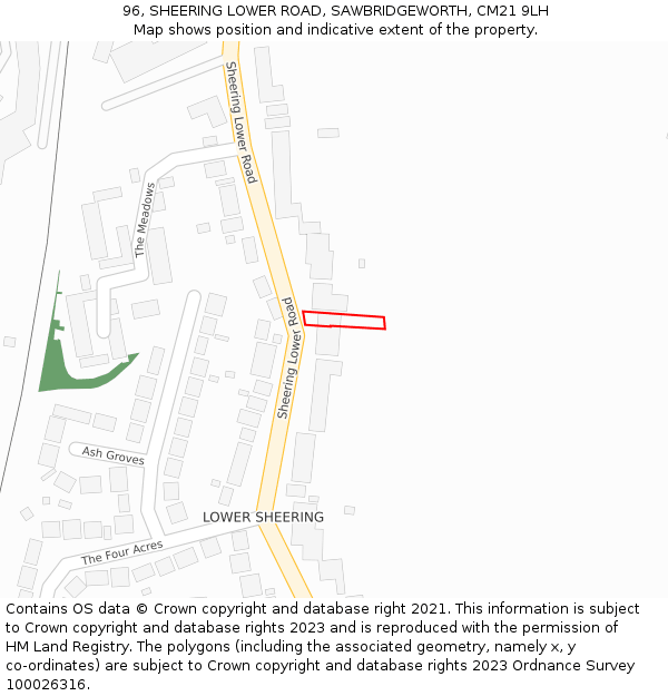 96, SHEERING LOWER ROAD, SAWBRIDGEWORTH, CM21 9LH: Location map and indicative extent of plot