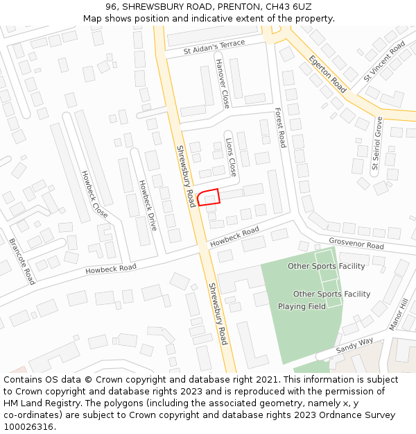 96, SHREWSBURY ROAD, PRENTON, CH43 6UZ: Location map and indicative extent of plot