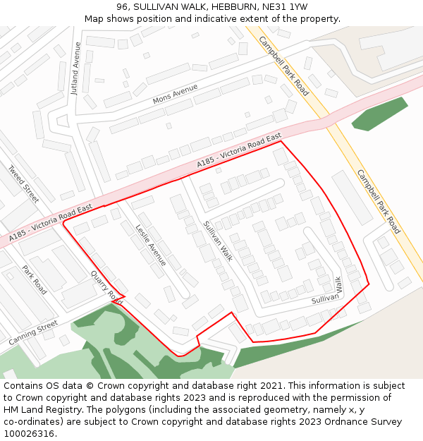 96, SULLIVAN WALK, HEBBURN, NE31 1YW: Location map and indicative extent of plot