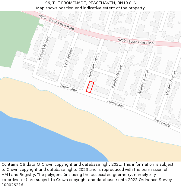 96, THE PROMENADE, PEACEHAVEN, BN10 8LN: Location map and indicative extent of plot