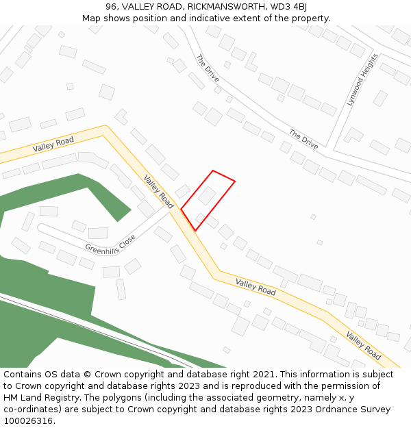96, VALLEY ROAD, RICKMANSWORTH, WD3 4BJ: Location map and indicative extent of plot