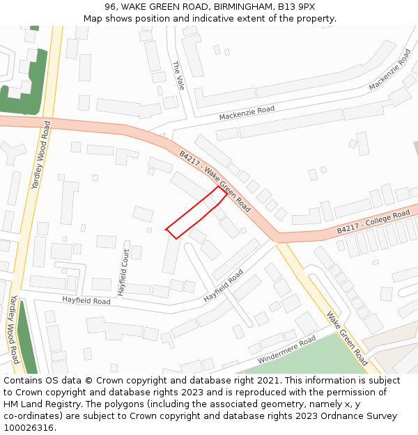 96, WAKE GREEN ROAD, BIRMINGHAM, B13 9PX: Location map and indicative extent of plot