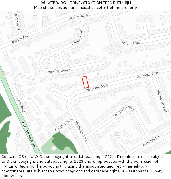 96, WERBURGH DRIVE, STOKE-ON-TRENT, ST4 8JN: Location map and indicative extent of plot