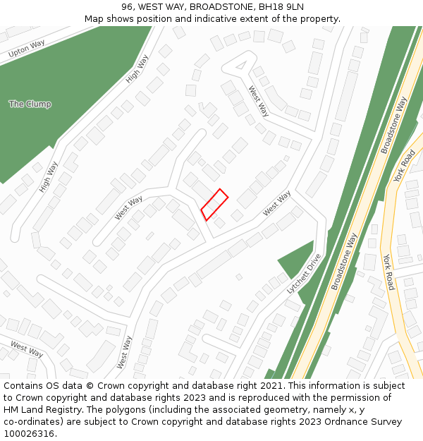 96, WEST WAY, BROADSTONE, BH18 9LN: Location map and indicative extent of plot