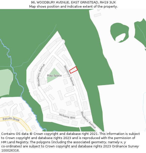 96, WOODBURY AVENUE, EAST GRINSTEAD, RH19 3UX: Location map and indicative extent of plot