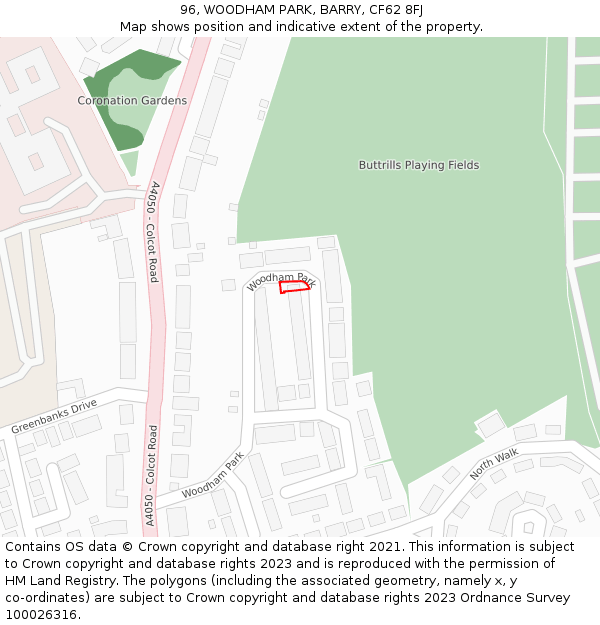 96, WOODHAM PARK, BARRY, CF62 8FJ: Location map and indicative extent of plot