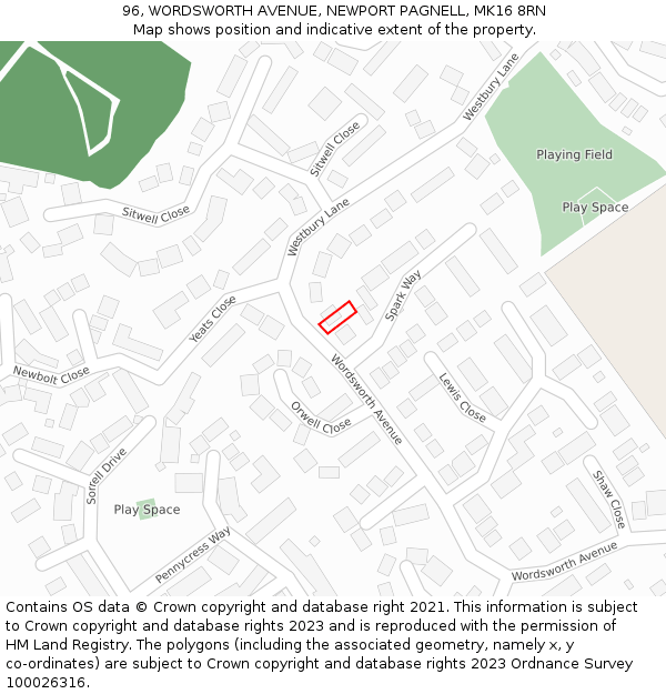 96, WORDSWORTH AVENUE, NEWPORT PAGNELL, MK16 8RN: Location map and indicative extent of plot