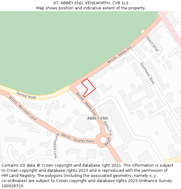 97, ABBEY END, KENILWORTH, CV8 1LS: Location map and indicative extent of plot