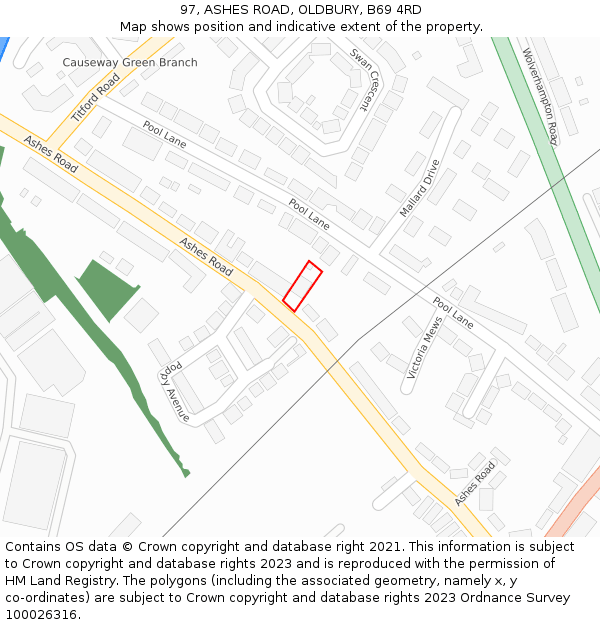 97, ASHES ROAD, OLDBURY, B69 4RD: Location map and indicative extent of plot