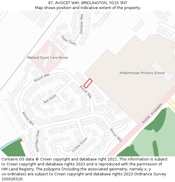97, AVOCET WAY, BRIDLINGTON, YO15 3NT: Location map and indicative extent of plot