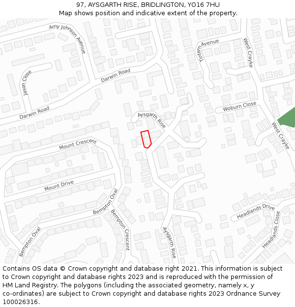 97, AYSGARTH RISE, BRIDLINGTON, YO16 7HU: Location map and indicative extent of plot