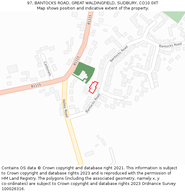 97, BANTOCKS ROAD, GREAT WALDINGFIELD, SUDBURY, CO10 0XT: Location map and indicative extent of plot