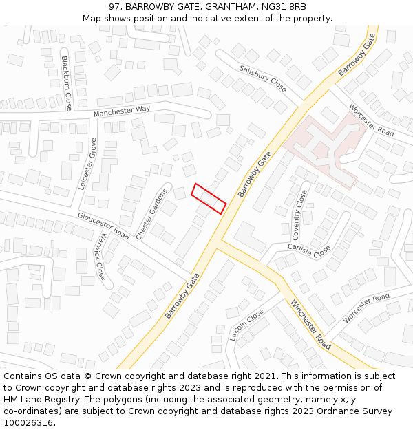 97, BARROWBY GATE, GRANTHAM, NG31 8RB: Location map and indicative extent of plot