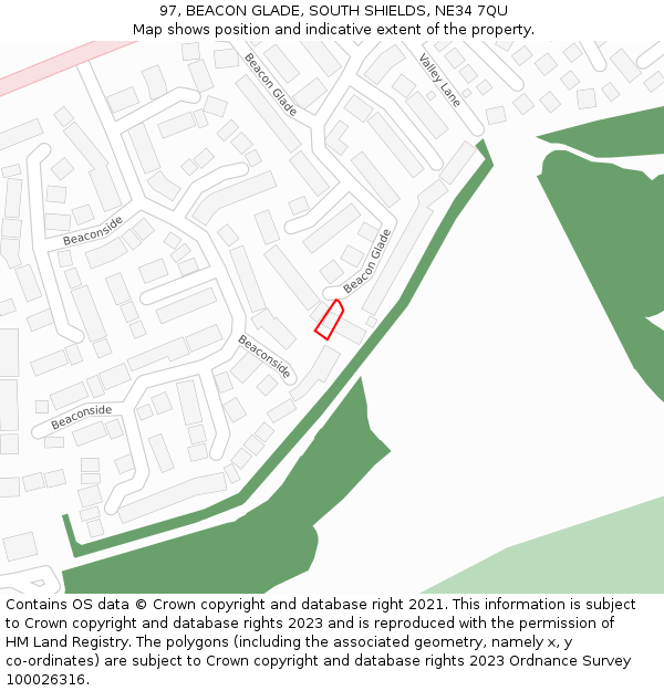 97, BEACON GLADE, SOUTH SHIELDS, NE34 7QU: Location map and indicative extent of plot