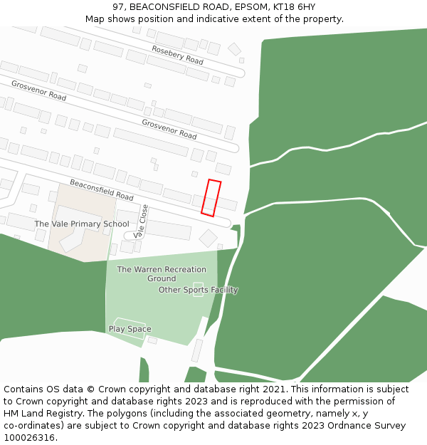 97, BEACONSFIELD ROAD, EPSOM, KT18 6HY: Location map and indicative extent of plot