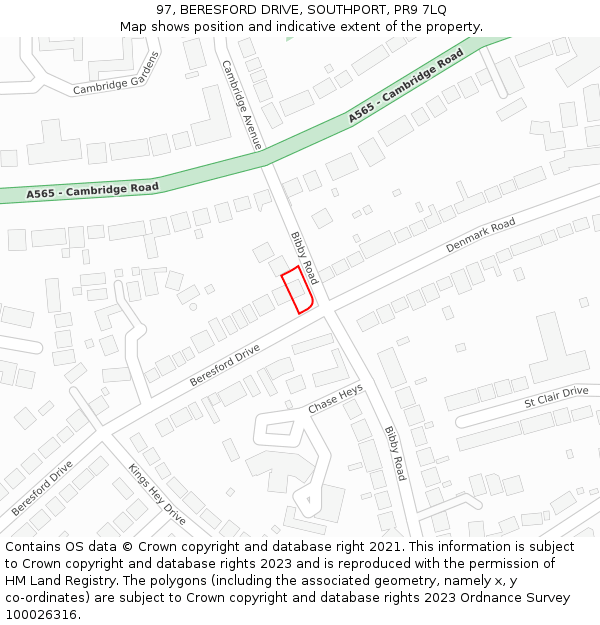 97, BERESFORD DRIVE, SOUTHPORT, PR9 7LQ: Location map and indicative extent of plot